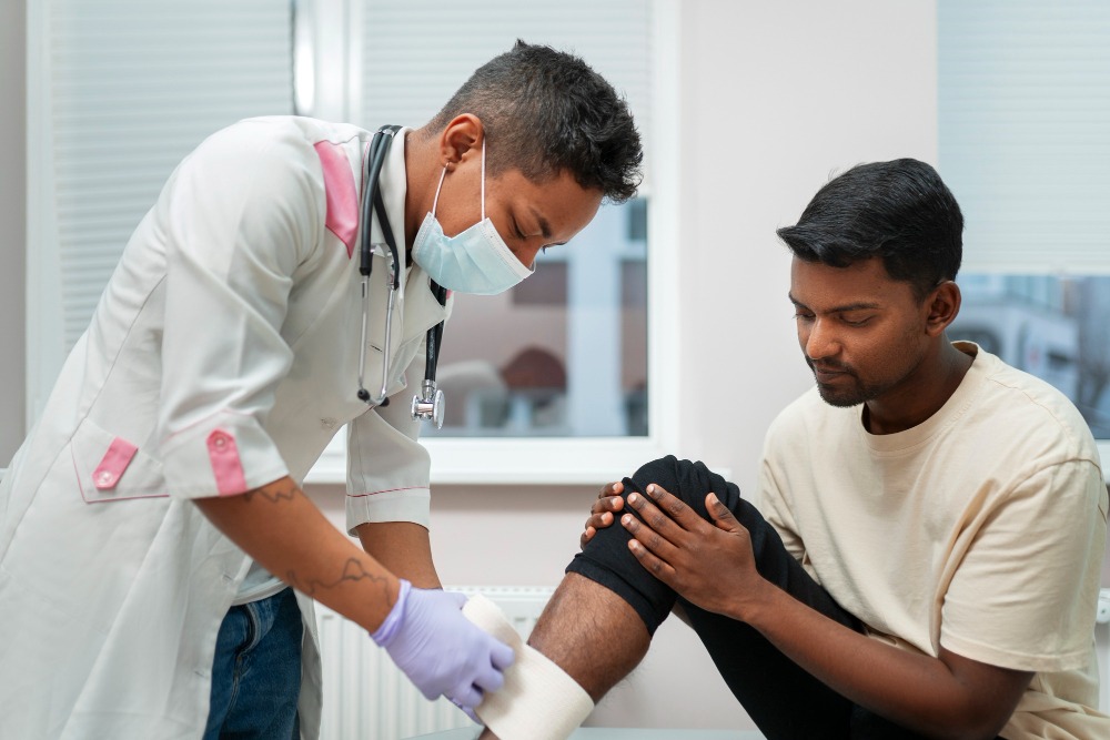 Orthopedic specialist reviewing foot and ankle X-ray with a patient recovering from painful orthopedic surgery